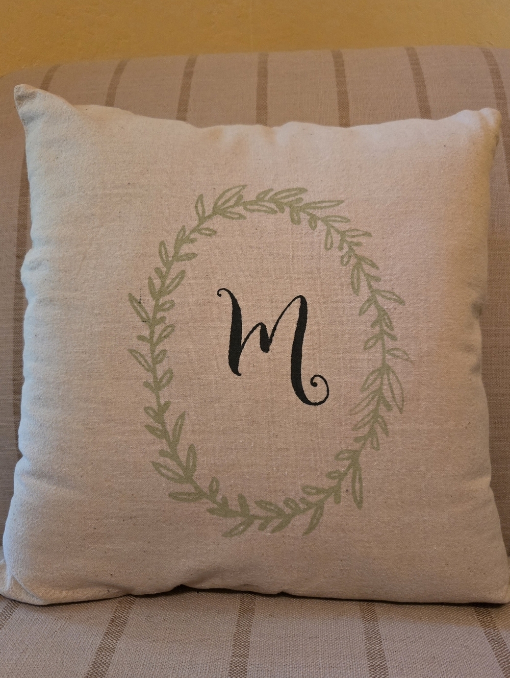 Monogram 'M' Decorative Throw Pillow in Natural and Sage Green